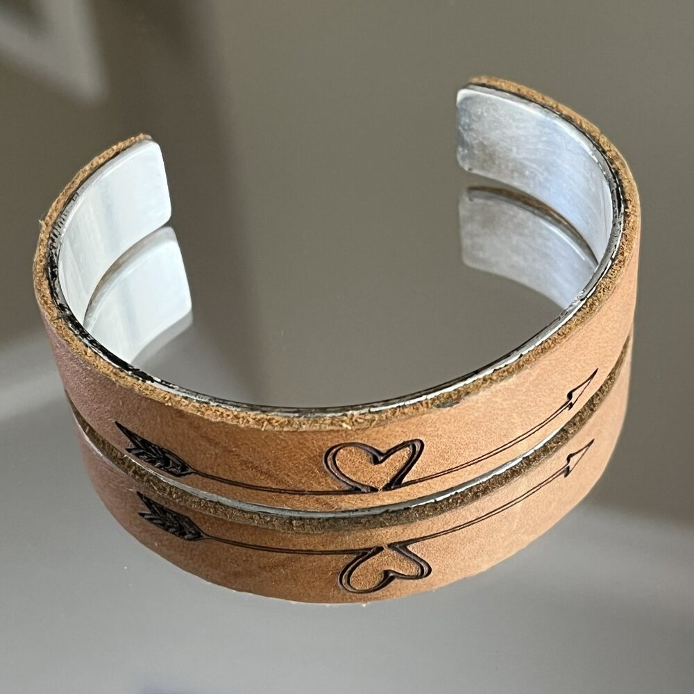 Rustic Cuff Leather Love Arrow Stainless Bangle Bracelet signed